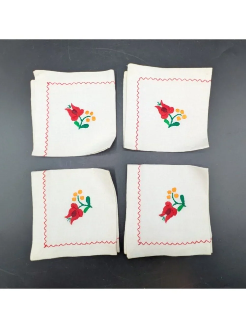 Vintage Linen Tea Napkins Embroidered Floral on White Red Trim Set of 4